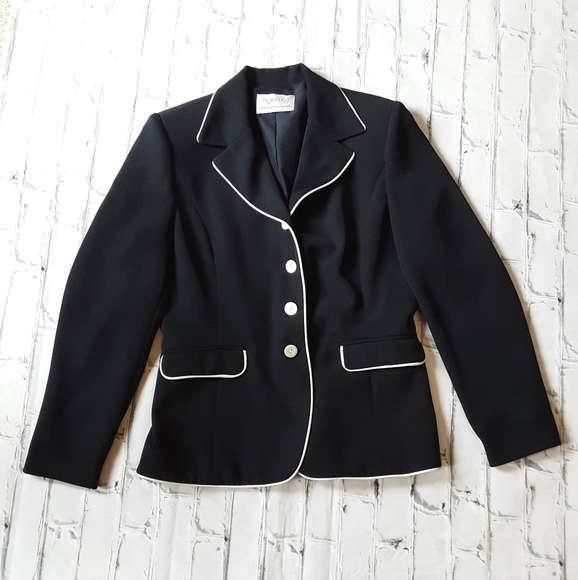 VINTAGE INGENUITY BLACK BLAZER WITH WHITE PIPING SZ 10 - Picture 2 of 9